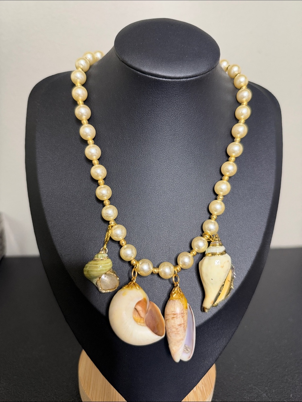 Gold Faux Pearl Elegant Statement Necklace Natural Shell Charms
